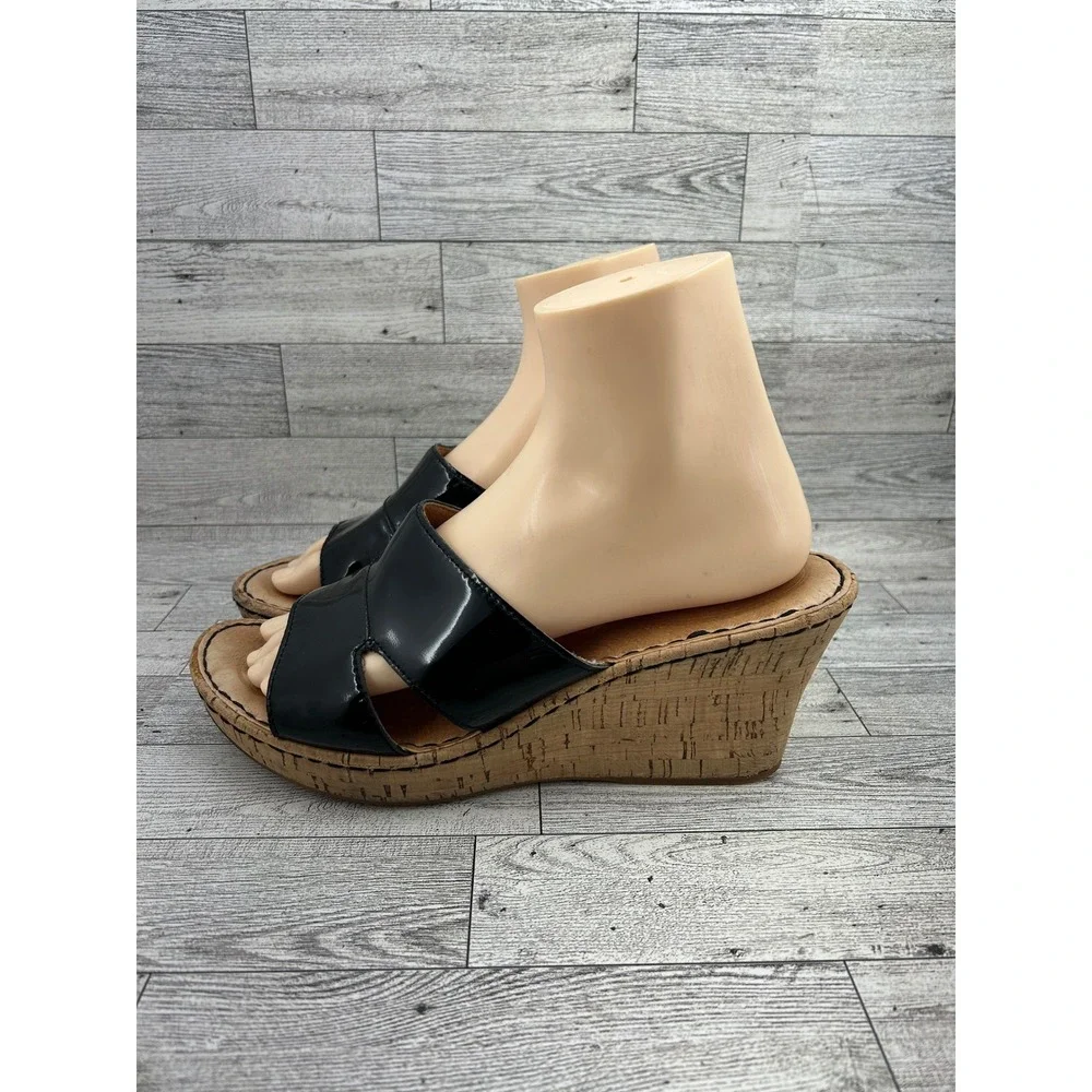 Born B94609 Black Patent Leather Cork Wedge Slide Sandals Women Sz US 10 EU 42